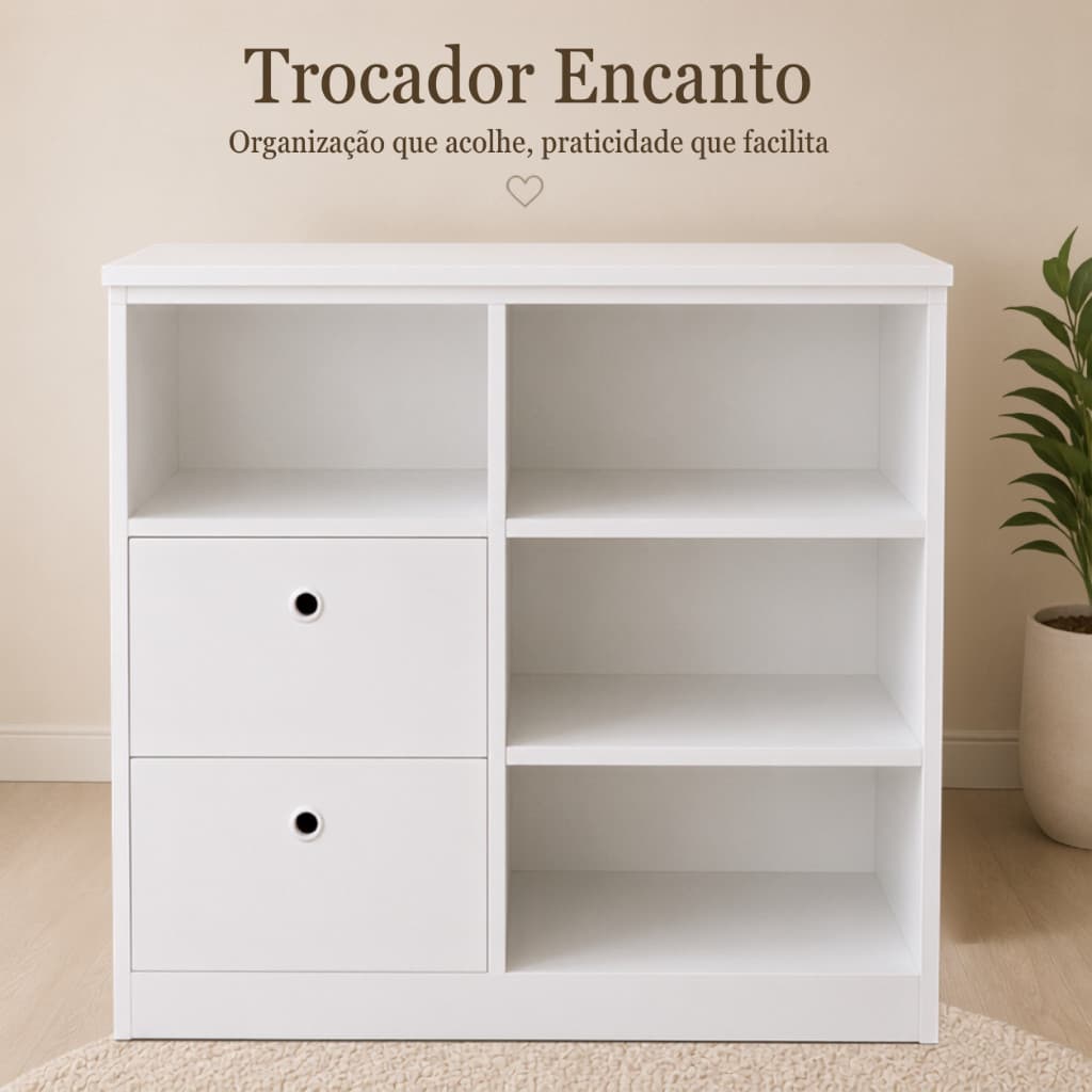 Cômoda Trocador Encanto 91cm com Gavetas e Nichos para Quarto de Bebê - 2 Gavetas 4 Nichos Branco ou Rosa