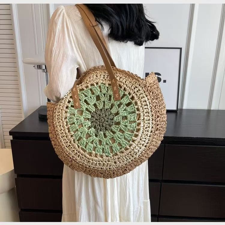 Bolsa de palha de cor contrastante, bolsa tecida à mão à beira-mar, novo estilo, bolsa de praia de férias, bolsa feminin