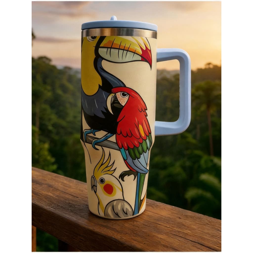 Copo Térmico 1200ml Tropical Fauna Aço Inoxidável Canudo Tampa Vedação Térmico Praia Academia