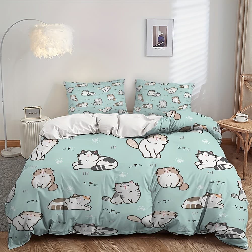 Conjunto de três peças conjunto de capa de edredão de gato meninas conjunto de cama de gato rainha conjunto confortável