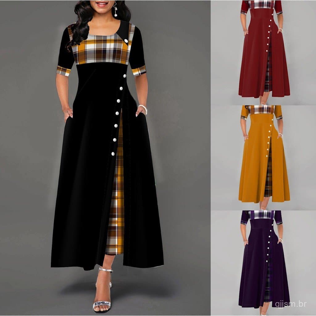 Vestidos de Festa Elegantes para Mulheres em Tamanhos Grandes 4XL 5XL, Estampa Xadrez Longa, Vestido Vintage com Botões