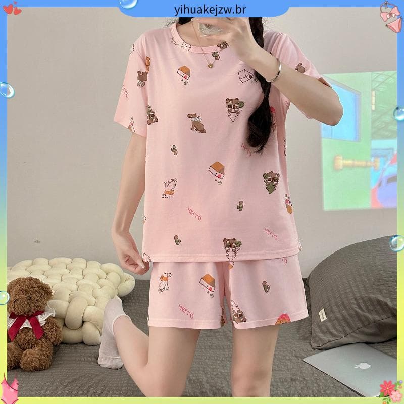 2026 novo estilo pijamas de verão feminino fino terno de manga curta doce Floral ins estilo luz luxo pode usar fora roup