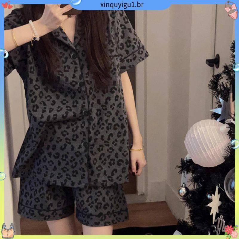 Plus Size 150kg gordura mm pijamas feminino verão preto leopardo impressão Shorts de manga curta ins estilo influenciado