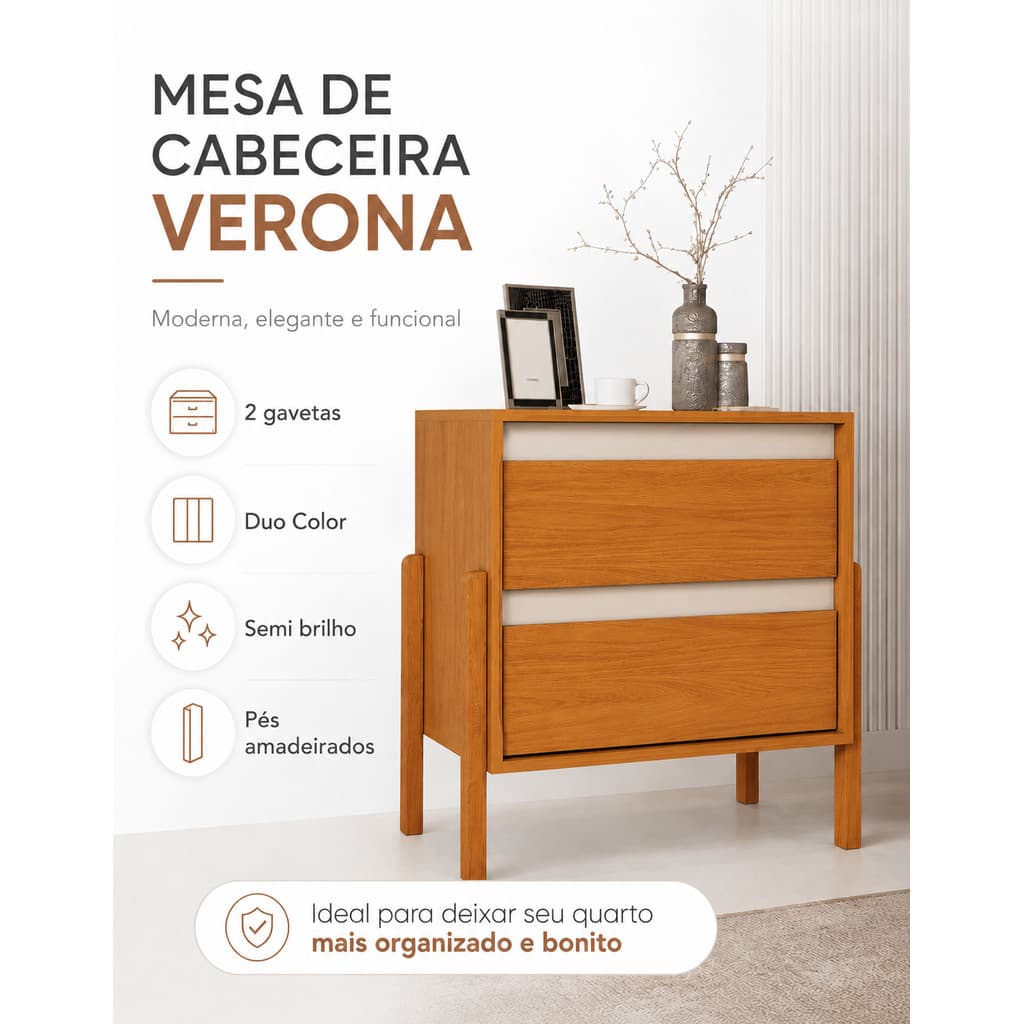 Mesa Cabeceira Duo Color 2 Gavetas Estrutura 100% MDF Moderna Pés em Madeira Puxador Cava