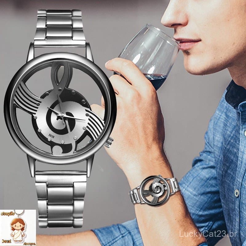Fashion Hollow Mens Ladies Relógio Universal De Cinta De Aço Com Design De Nota Musical