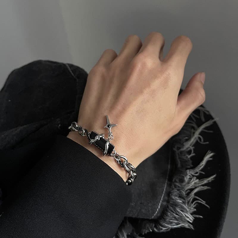 Pulseira masculina em formato de estrela com diamante preto, em aço inoxidável, não desbota, novo acessório versátil, jo