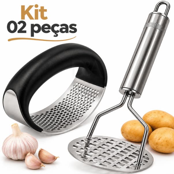 Kit Inox Espremedor Amassador De Alho E Amassador De Batatas Em Aço Inoxidável