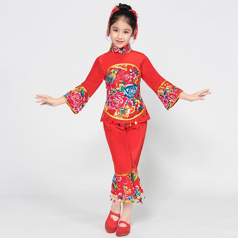 Crianças Yangko roupas meninas porta aberta vermelho festivo desempenho roupas nordeste duas pessoas lenço rotativo fã d