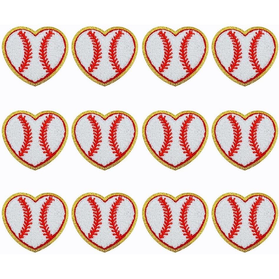 SaktopDeco 12 PCS Patches de Coração em Forma de Bola de Beisebol com Bordas Douradas, Patches de Chenille para Aplicaçã