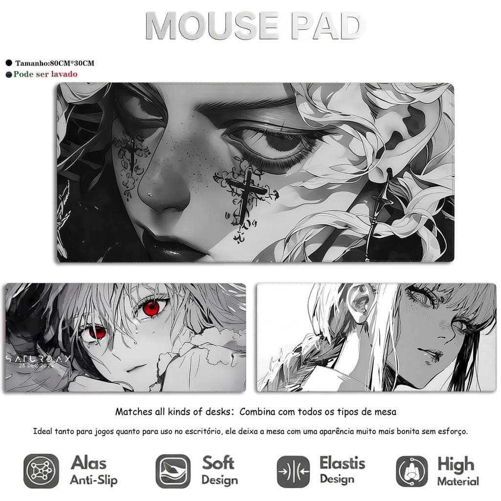 Mouse Pad Anime Série Preto e Branco Minimalista Tapete de Mesa Antiderrapante com Borda Costurada para Teclado 80X30cm