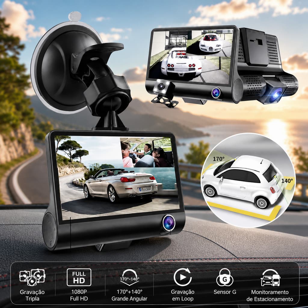 Câmera Veicular DVR Tripla Visão 170° Tela HD Gravação em Loop Câmera de Ré