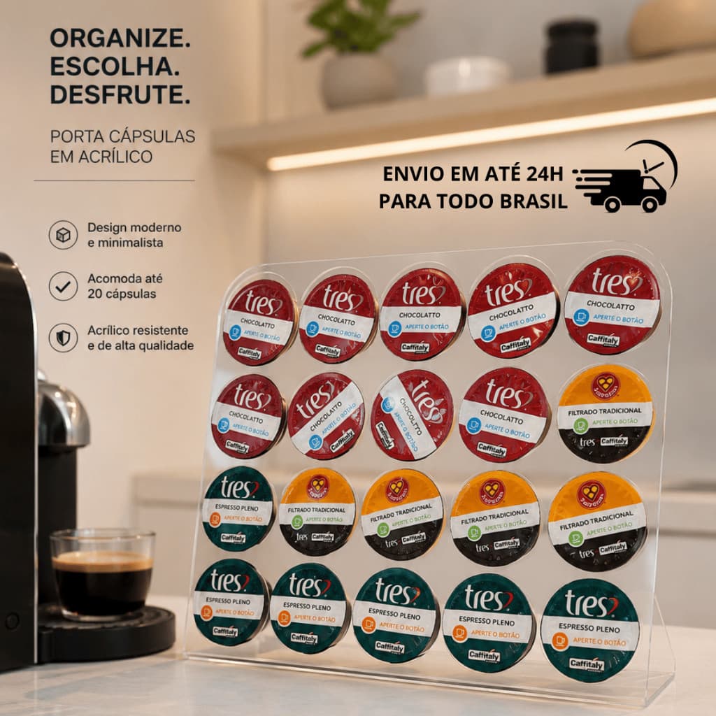 Porta Cápsulas Acrílico 20 Capsulas Tres Corações Suporte Organizer Bancada
