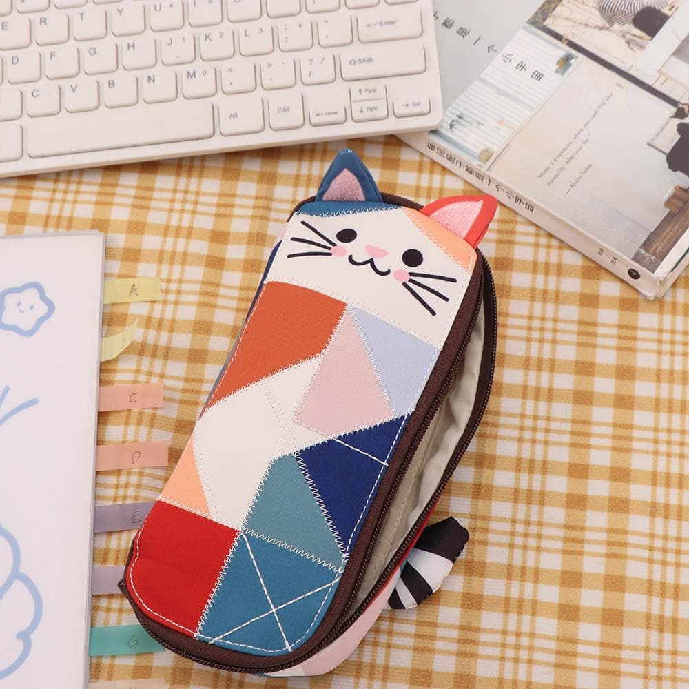 Estojo De Lápis De Gato , Bolsa De Caneta De Desenho Animado De Retalhos Estilo Japonês Armazenamento De Papelaria Multi