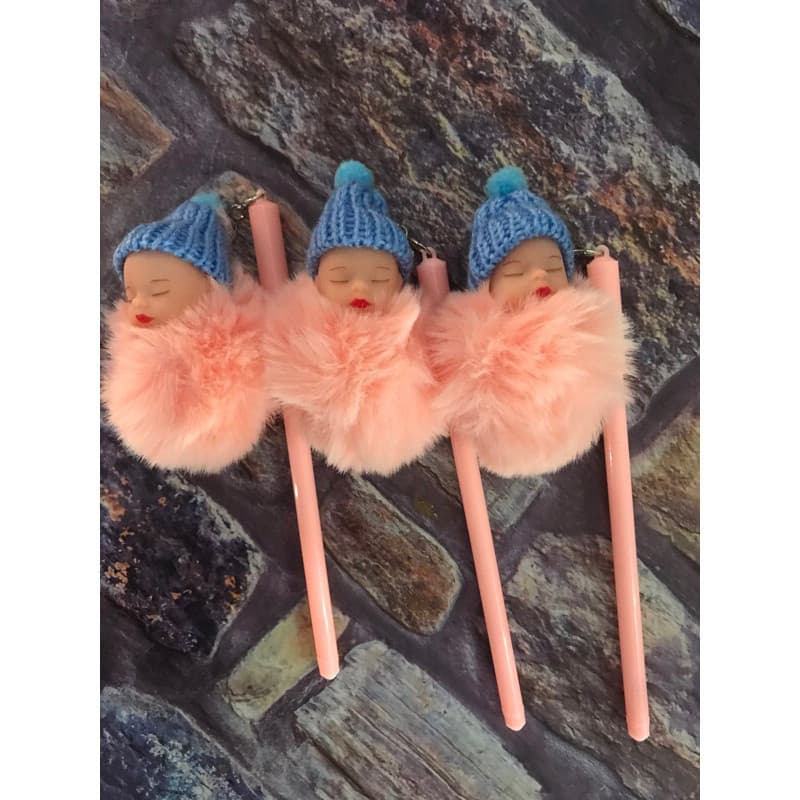 3 Canetas fofas - pompom-  escrita azul