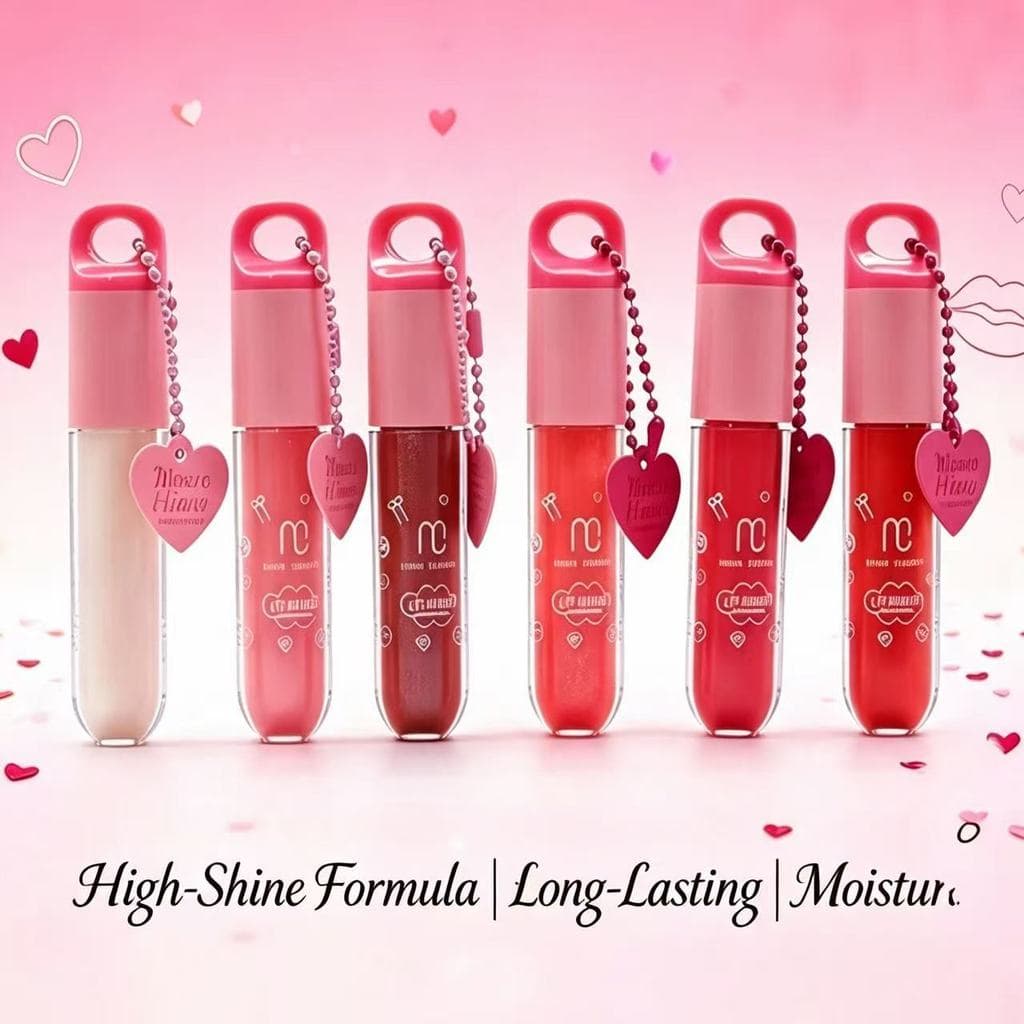 Lip Gloss Miss Corina Brilho Espelhado Efeito Glow Gloss Labial Hidratante Com Pingente de Coração Maquiagem Fofa
