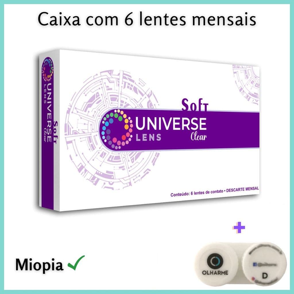 Lente de Contato Soft Universe Clear para Miopia Hidrogel Polymacon Mensal Caixa com 6 Unidades