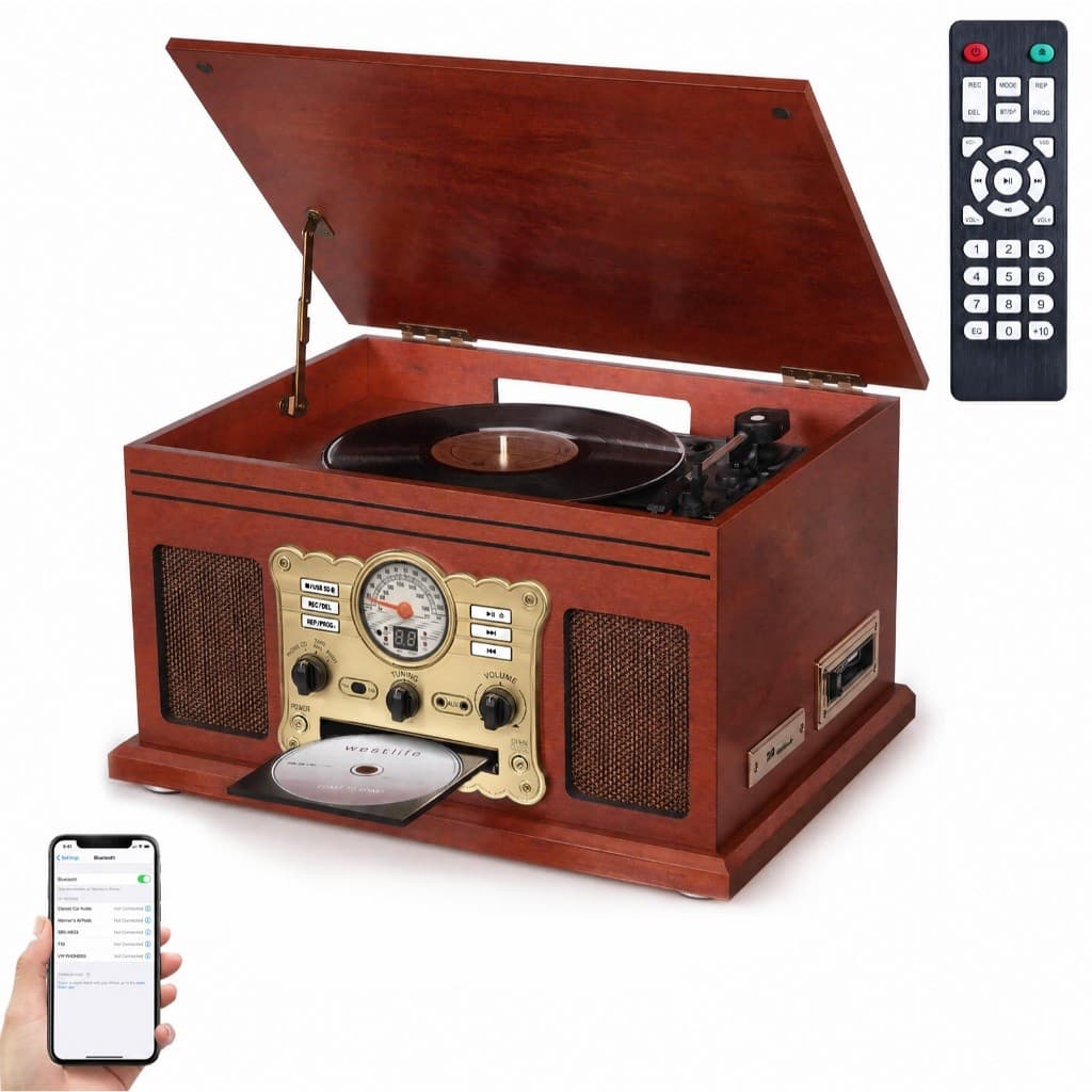 VEDO 10 in 1 Bluetooth Record Player, 3-Speed Turntable for Vinyl with Speakers, LP to MP3 Converter, CD, Cassette Playe