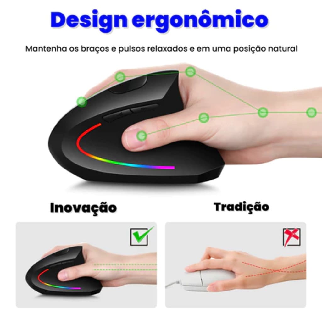 Mouse Vertical Ergonômico Sem Fio Recarregável USB Bluetooth Silencioso Ortopédico Mão Direita PC Gamer Super