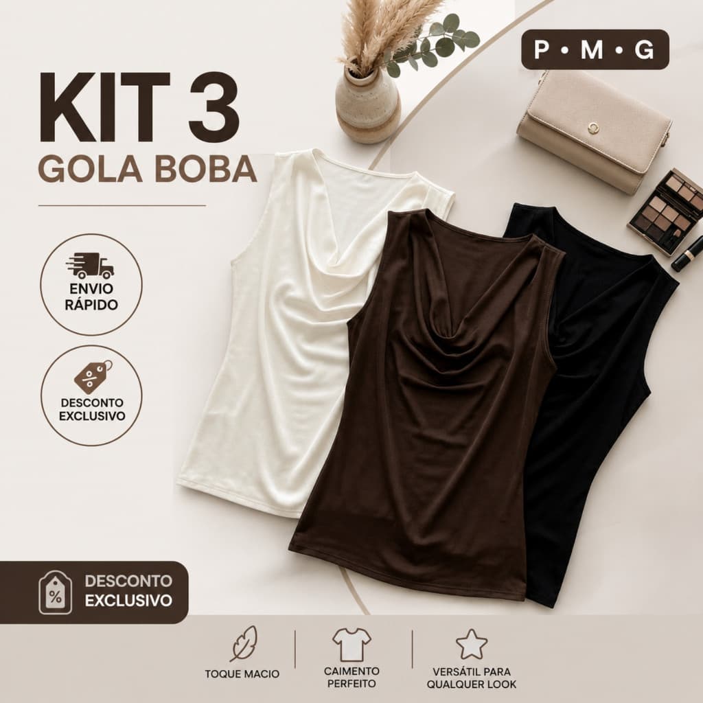 Kit 3 Blusas Gola Boba Feminina Sem Manga Varias Cores Verão PROMOÇÃO Exclusiva Tamanho P M G