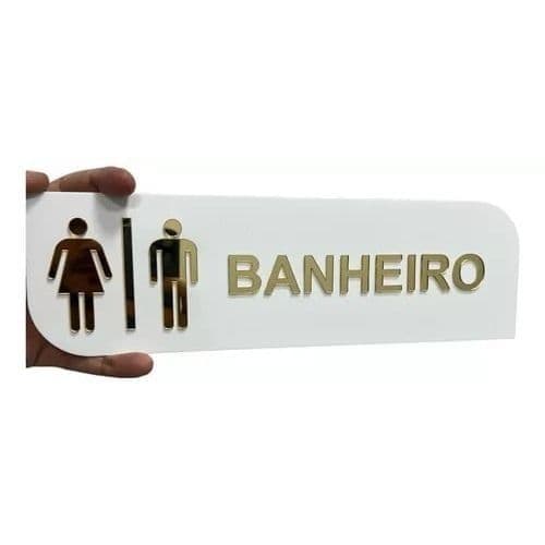 Placa Sinalização Banheiro Wc Acrílico Branco Com Dourado