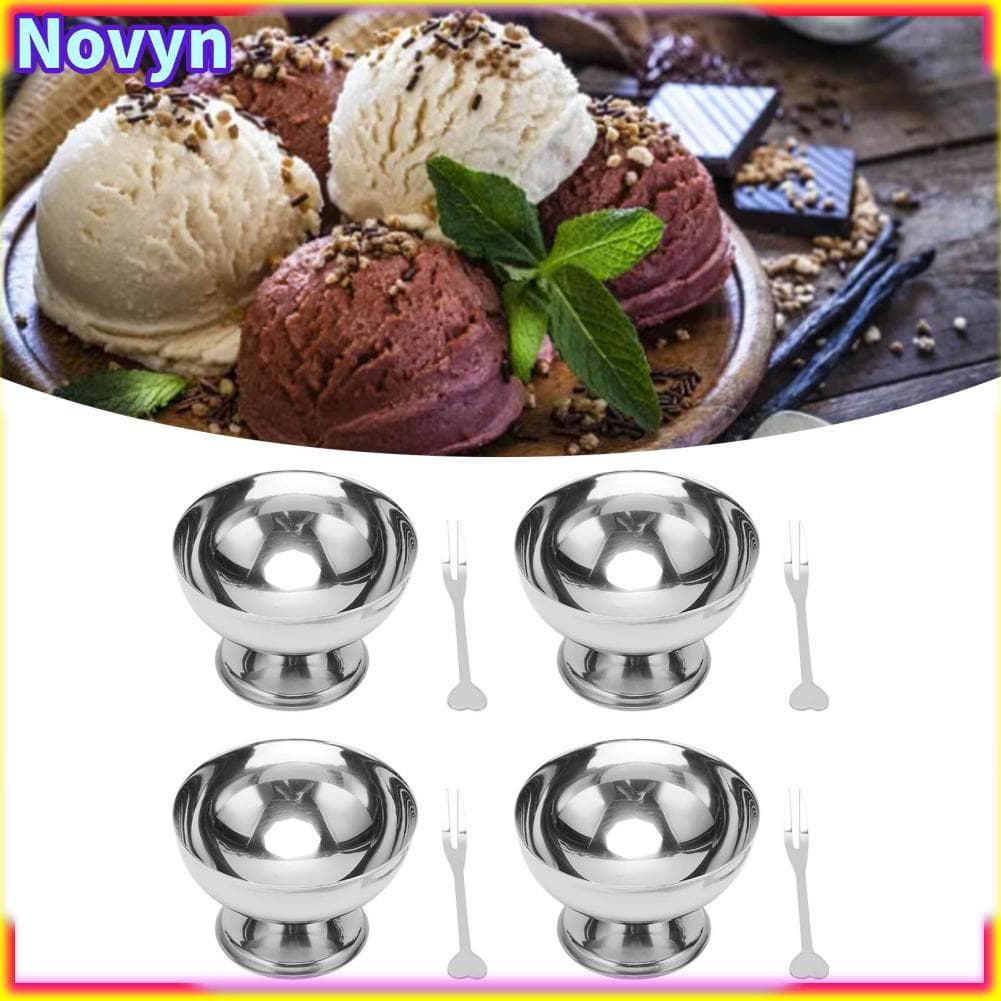 Novyn-br 4 peças de tigelas de sorvete de metal seguro, tigela de sobremesa de aço inoxidável, pudim com garfos para