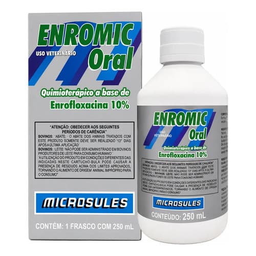 Microsules Enrofloxacina Enromic Oral 10% Para Bovinos 250ml Branco