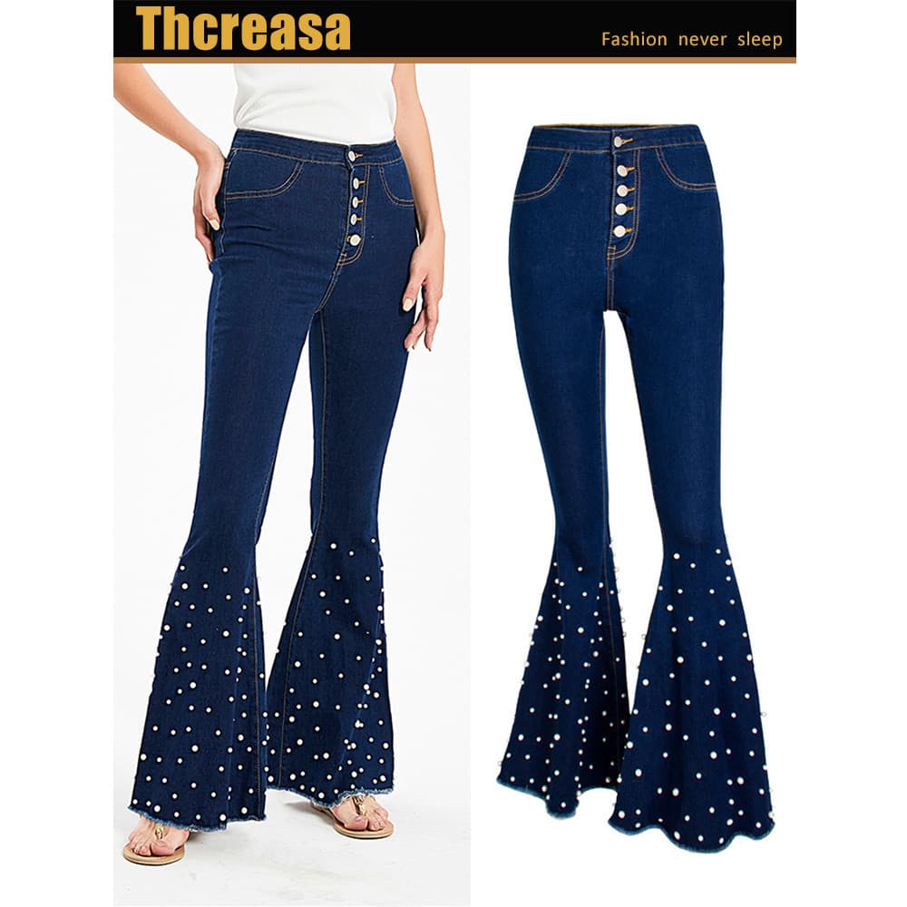 Calças largas jeans calças largas calças compridas femininas pérola calças grandes largas