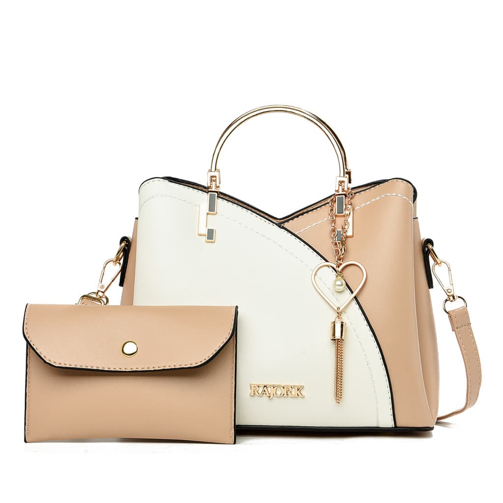 Bolsa Tote Colorblock Simples Feminina de Ombro Clássica Elegante Moderna com Pingente de Borla Salmão