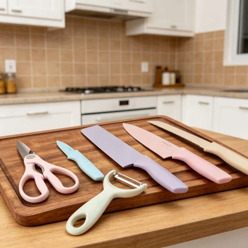 Conjunto Facas Coloridas Aço Inox 6 Peças Lâmina Afiada Cutelo  Faca Chef Tesoura Descascador Cozinha Charmosa