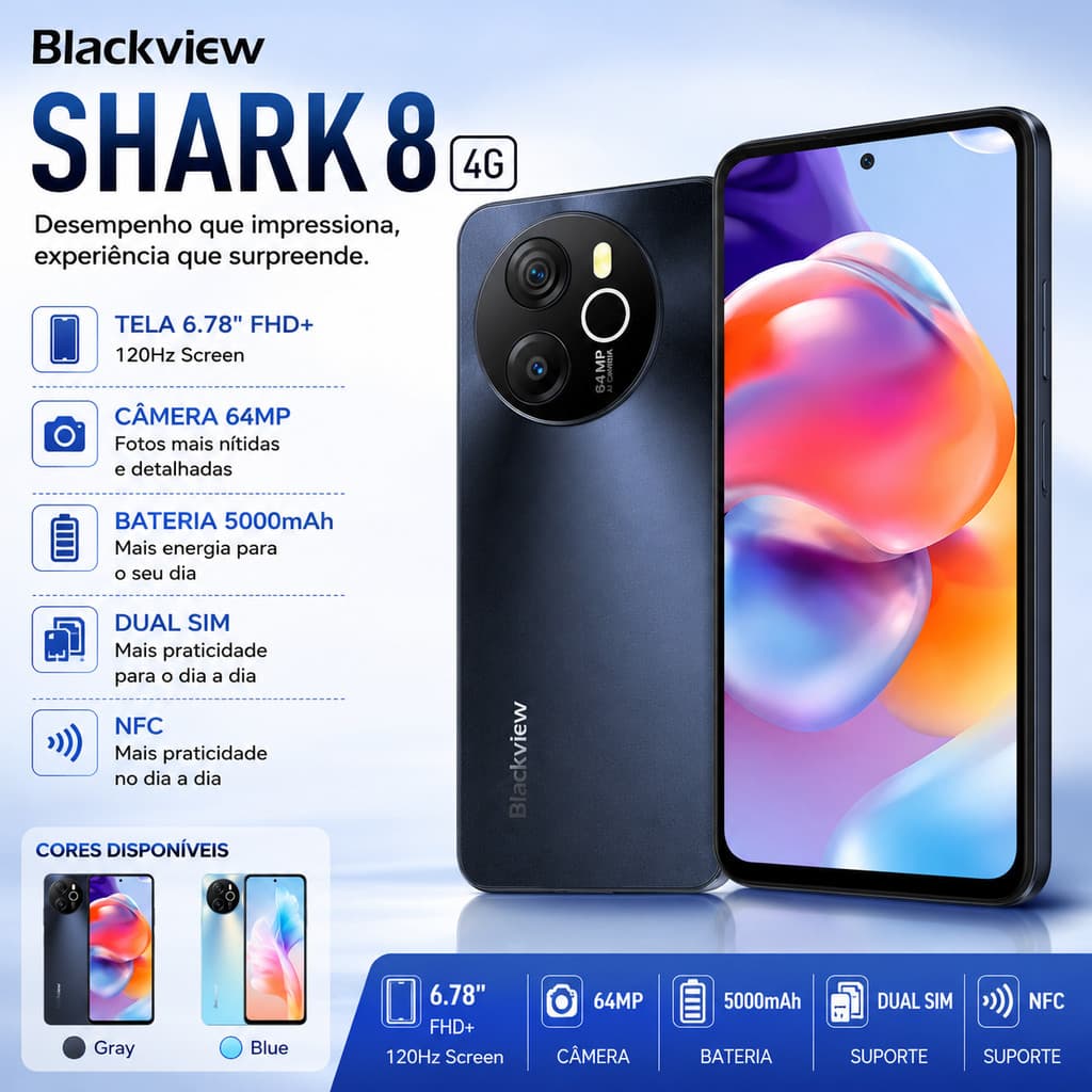 Blackview Shark 8 4G Tela 6,78" FHD+ 120Hz Câmera 64MP 5000mAh Dual SIM NFC Smartphone