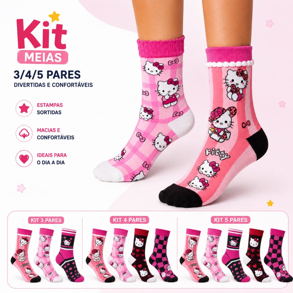 KIT 3 4 5 MEIAS DIVERTIDAS HELLO KITTY