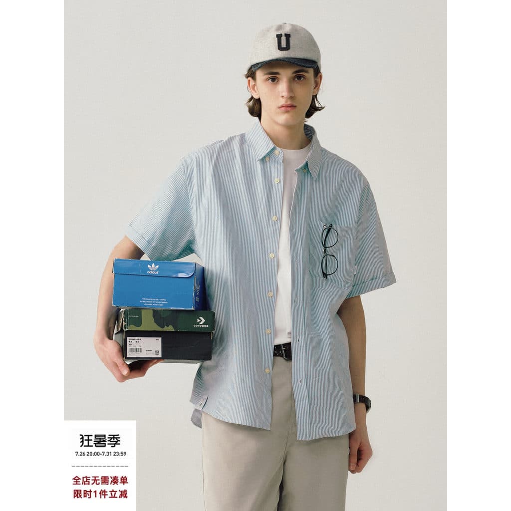 714street Street Wear Top de manga curta 2026 verão solto camisa listrada masculina japonesa azul meia manga