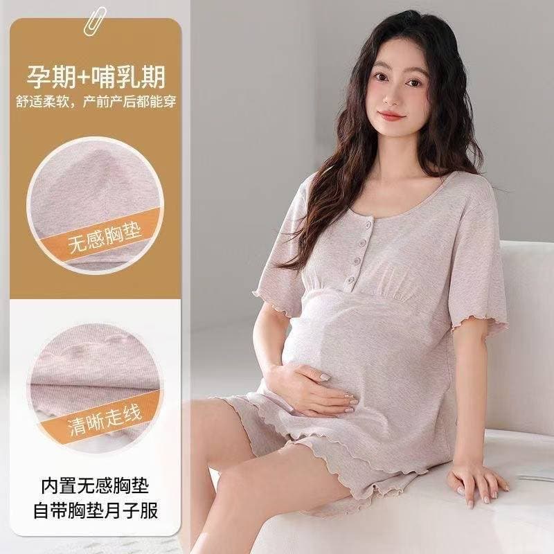 Pijamas de maternidade verão fino Shorts de manga curta colorido algodão Modal terno com almofada no peito pós-parto per