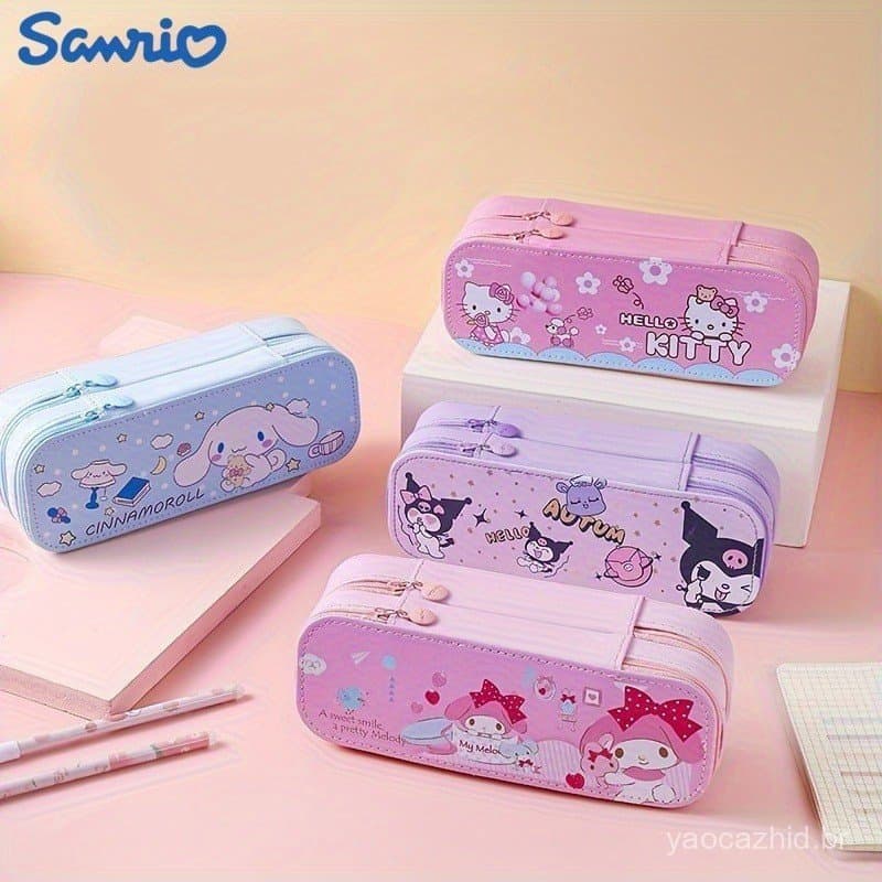 Kawaii Estojo De Lápis Dos Desenhos Animados Grande Capacidade Camadas Duplas Caixa De Papelaria Caso Kuromi Crianças Pr