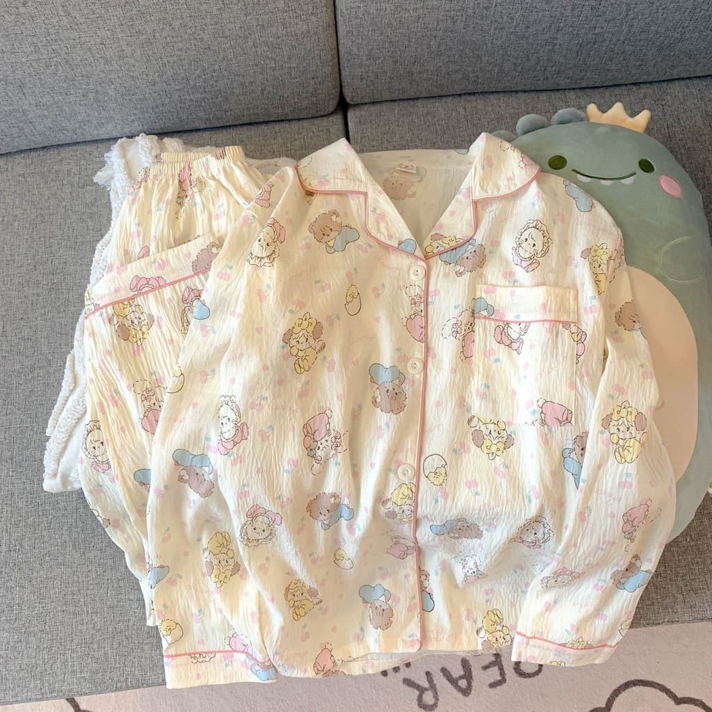 Pijamas femininos nuvem algodão gaze dos desenhos animados calças de manga comprida japonês bonito conjunto de Homewear
