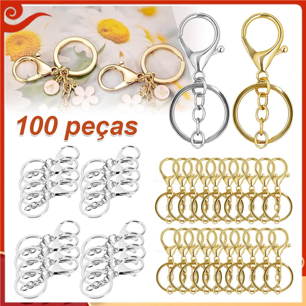 100 fechos lagosta, 100 chaveiros, Kits de fabricação de chaveiros dourados e prateados, pingente faça você mesmo