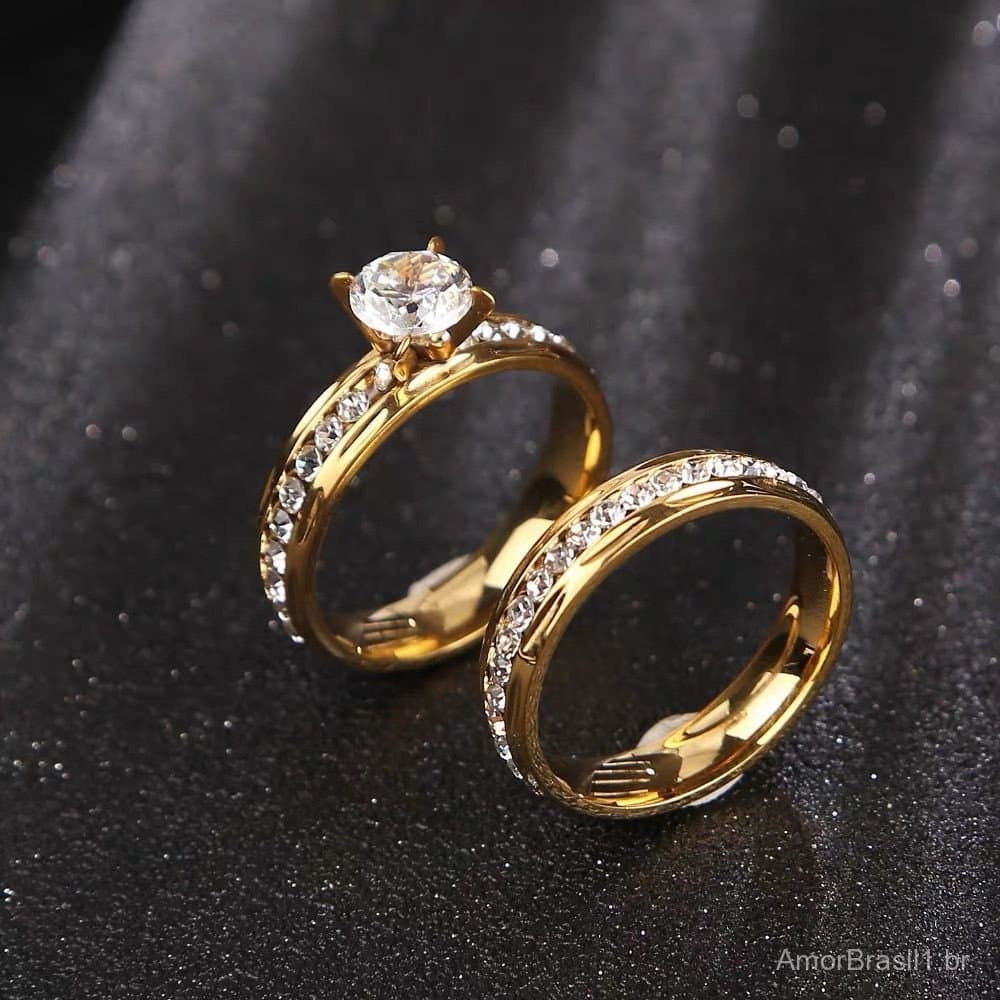Par de Aliancas de casamento de ouro Anel de noivado de aco inoxidavel para mulheres com caixinha