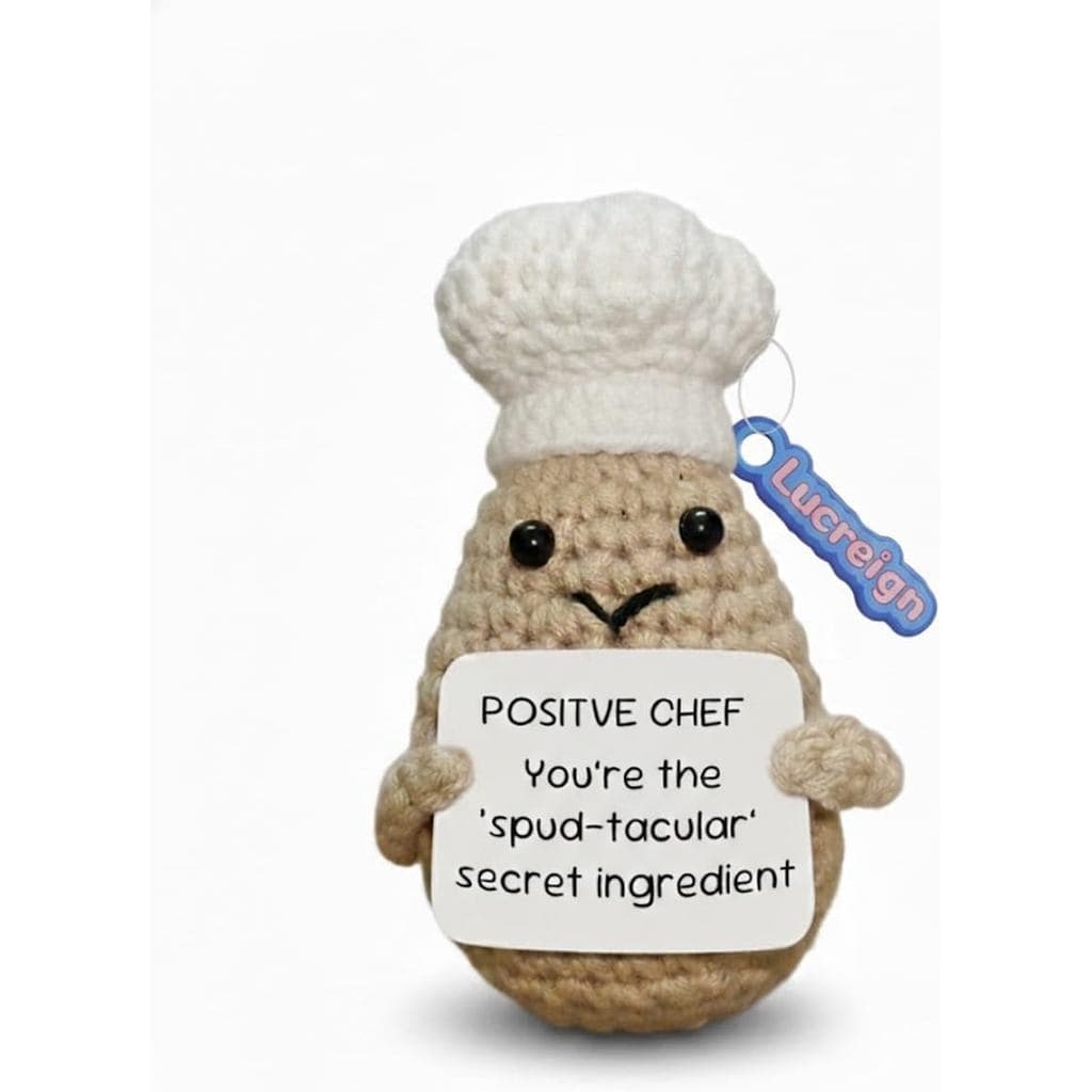 Chef de Batata de Crochê Positivo - Amigurumi Fofo de Apoio Emocional Feito à Mão de 3,5" com Cartão de Mensagem Inspira