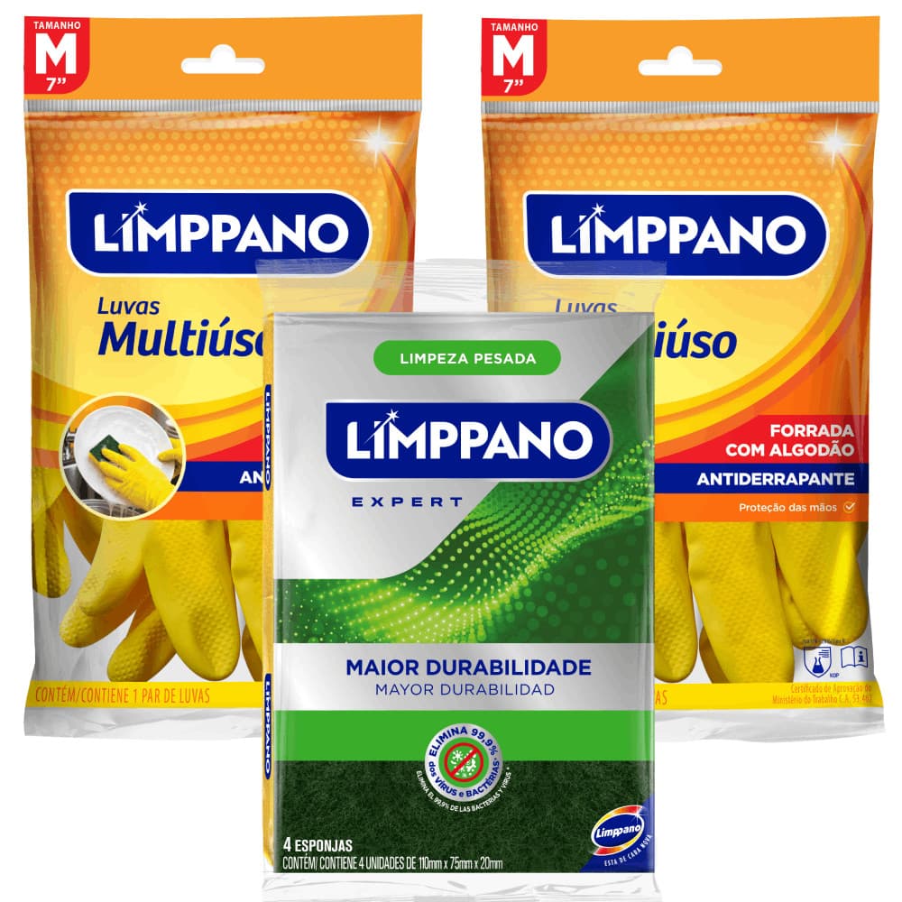 Kit 2 Luvas Forradas Algodão Multiuso M + 1 Esponja Multiuso com 4 und