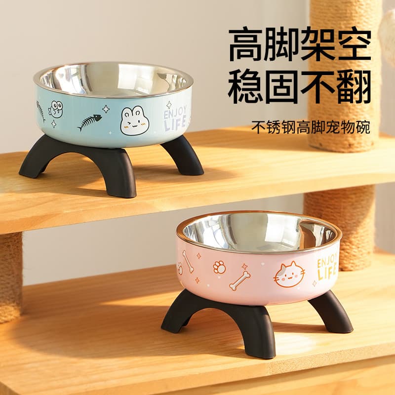 Tigela de pé alto para gato, proteção para pescoço, tigela de aço inoxidável para animais de estimação, água, comida int
