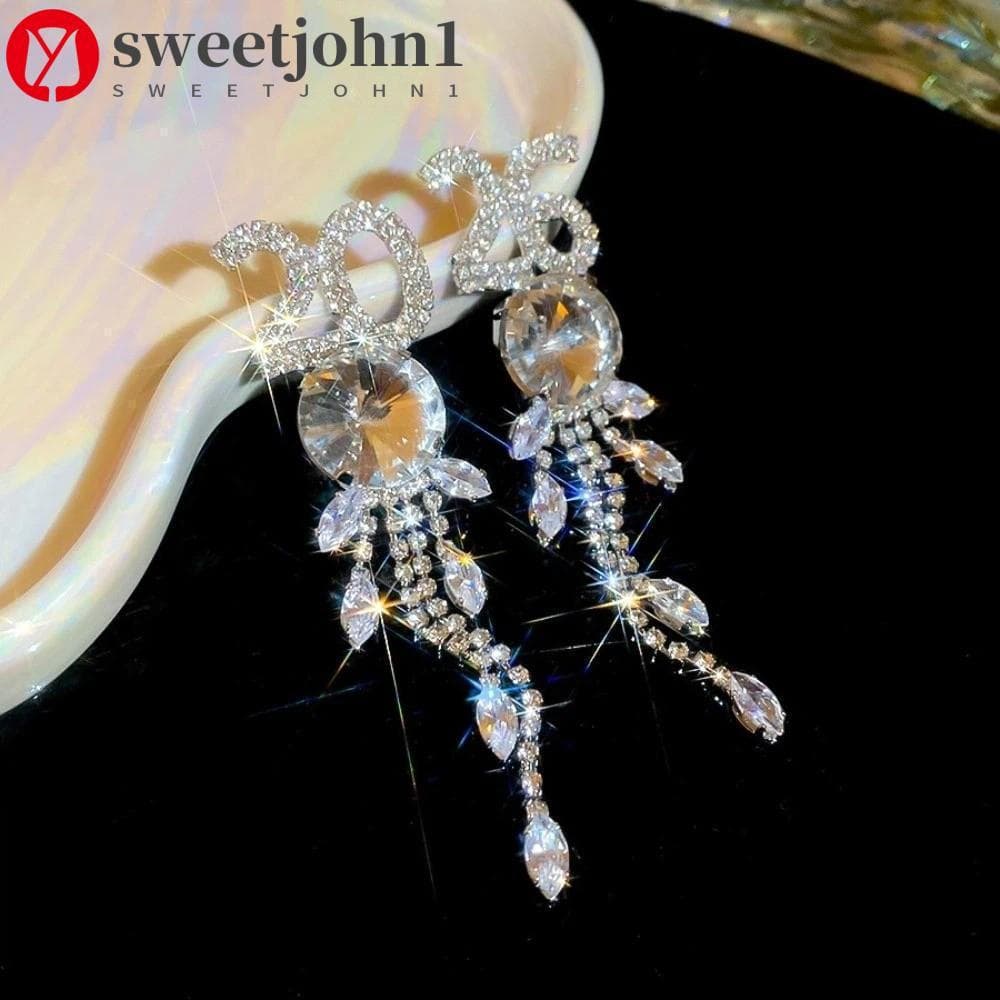 SWEETJOHN1 Brincos De Borla De Strass , Pingente Estético 2026 2026 , Longos Com Número De Gota