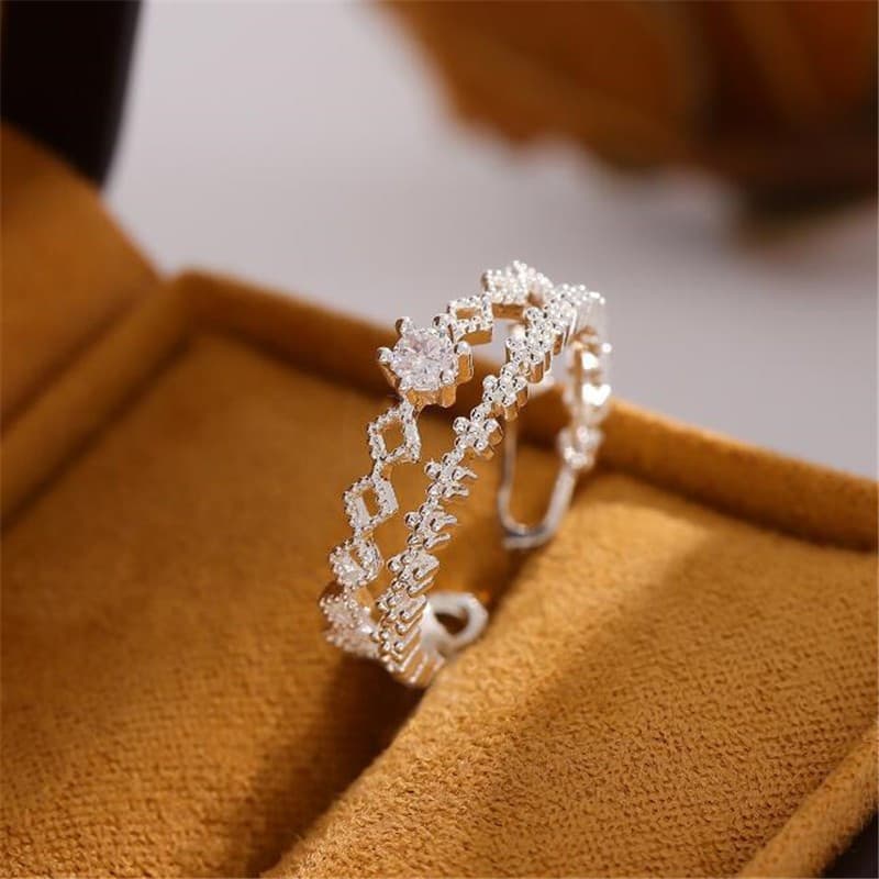 Prata Esterlina Moda Dupla Camada Zircão Aberto Único Com Flor Para Mulheres Anel De Renda Luxuoso Em Forma De Diamante