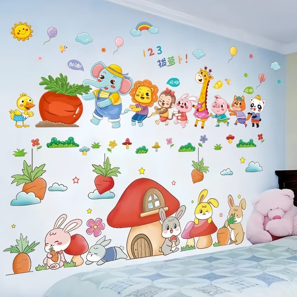 Adesivos de parede de desenhos animados de animais fofos, adesivos de parede para quarto de crianças, decoração de quart