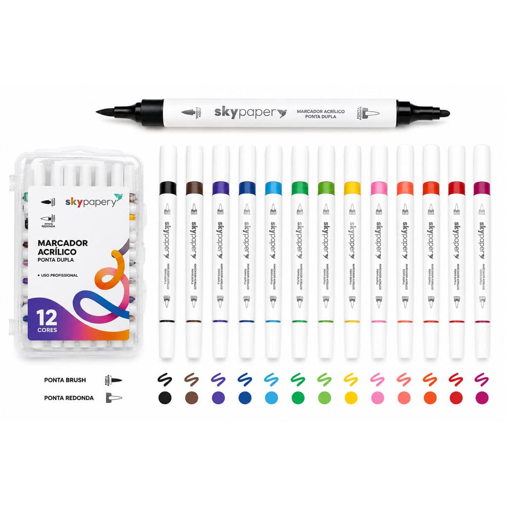 Marcador Acrílico SkyPaper 12 Cores Ponta Dupla Brush e Redonda Profissional Base Água