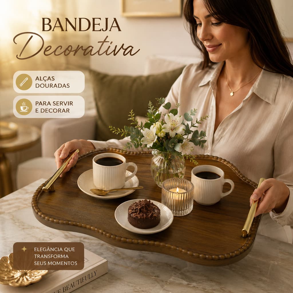 Bandeja Decorativa de Madeira, Bandeja de Servir com Alças Douradas, Bandeja Retangular Organizadora