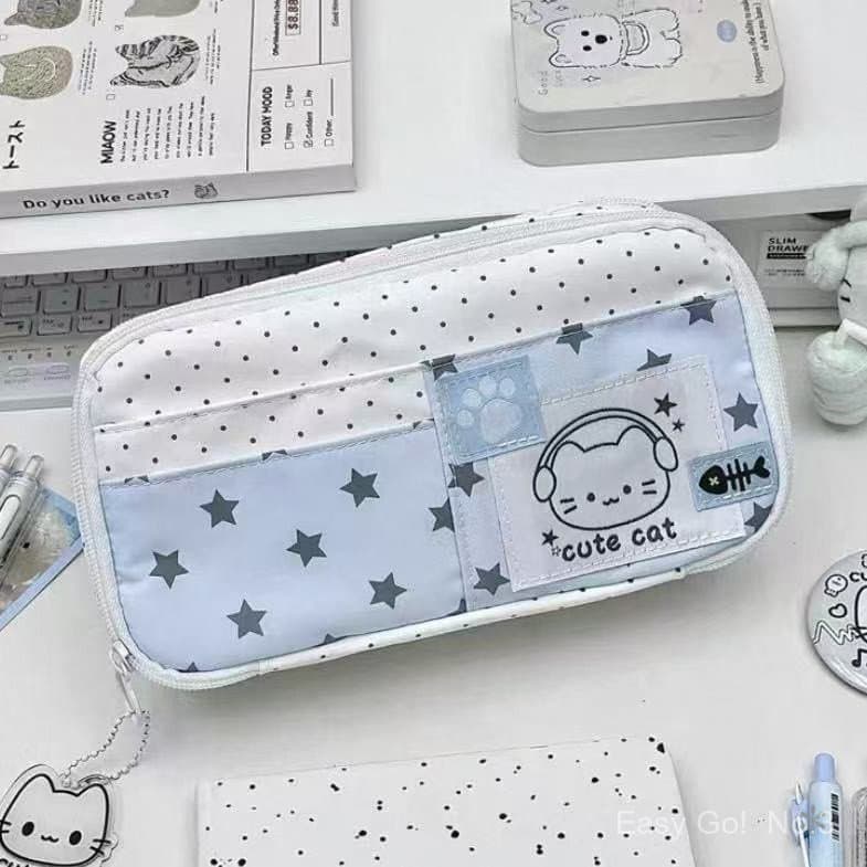 Estojo Japonês de Estrelas, Bolinhas e Gatinho - Nova Coleção, Alta Capacidade, Lindo e Prático para Material Escolar