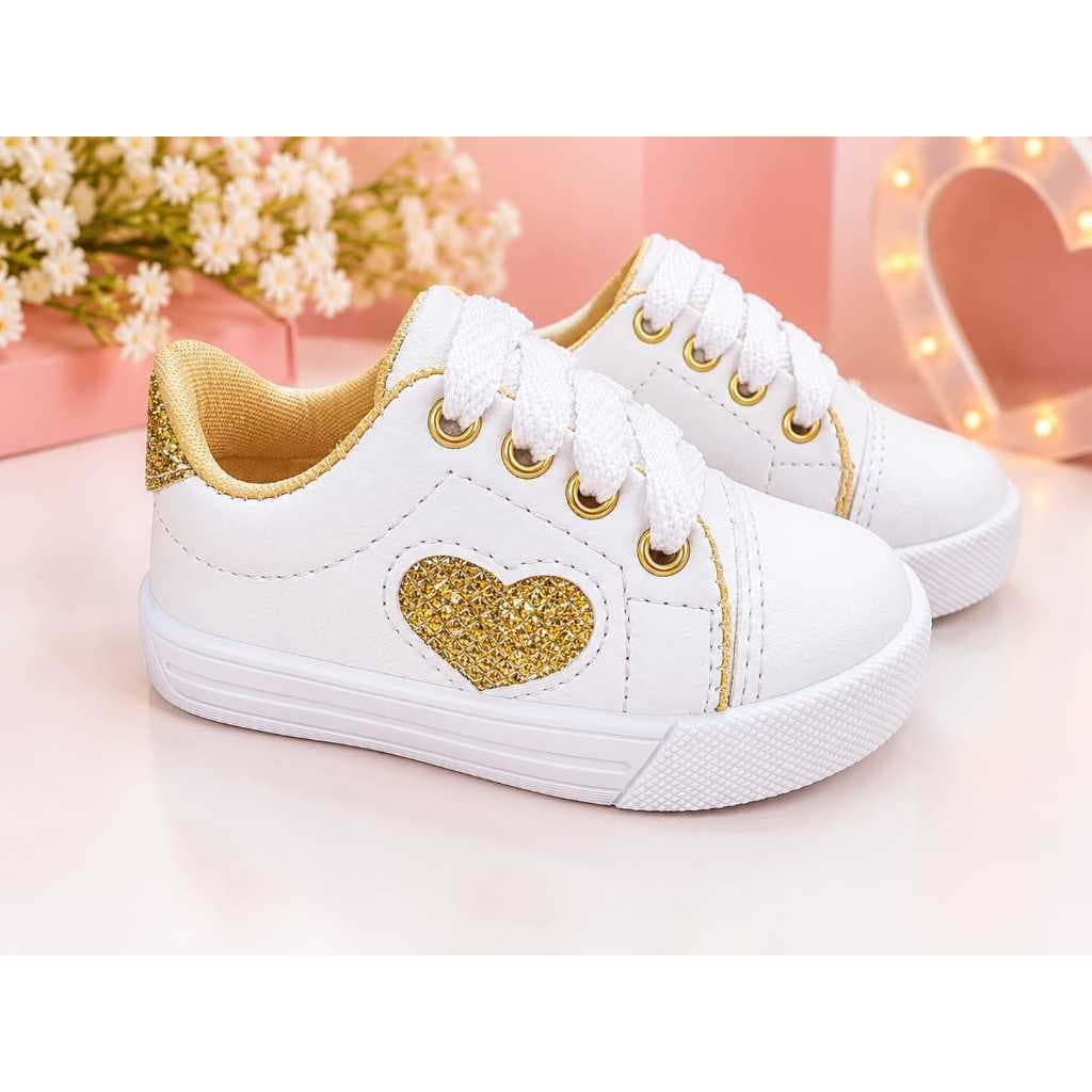 Tênis Infantil Menina Moda Blogueirinha branco com coração e detalhes dourado