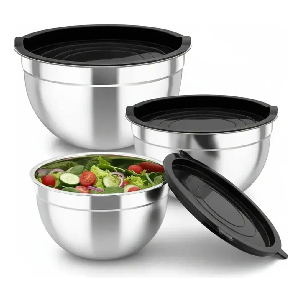 3 Bowls Tigelas Inox Com Tampa Plástica Utensilios Cozinha
