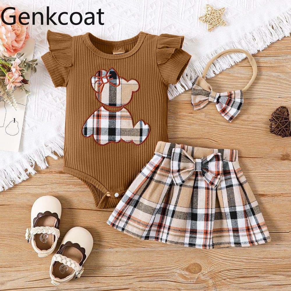 Bebê recém-nascido triângulo macacão bebê menina saia xadrez estilo verão urso terno de duas peças