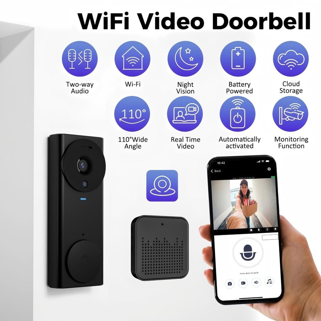 Campainha de vídeo inteligente sem fio, câmera de campainha wi-fi, função de visão noturna, conversor de voz, foto e víd